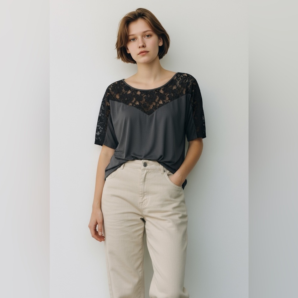 Express Lace Yoke‎ Dolman Blouse Gray Black Short Sleeve Top NWT Size S